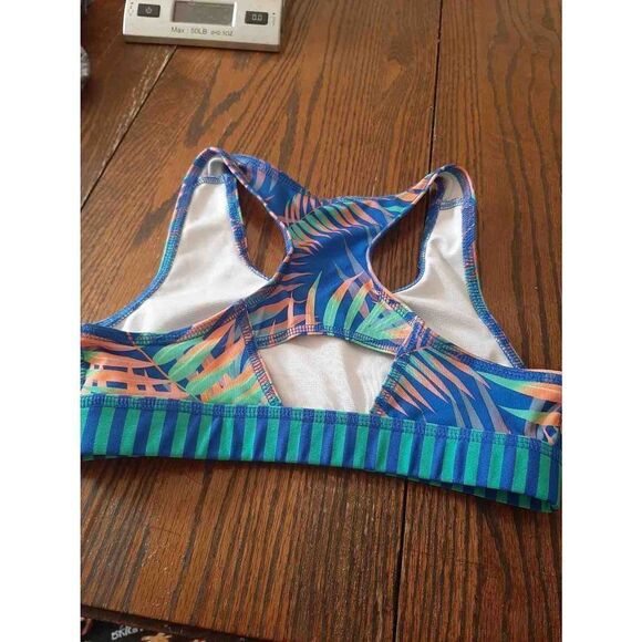 Girls Large 10/12 Avia Sports Bra Blue Green Orange Tropical Floral Racerback - Picture 3 of 3